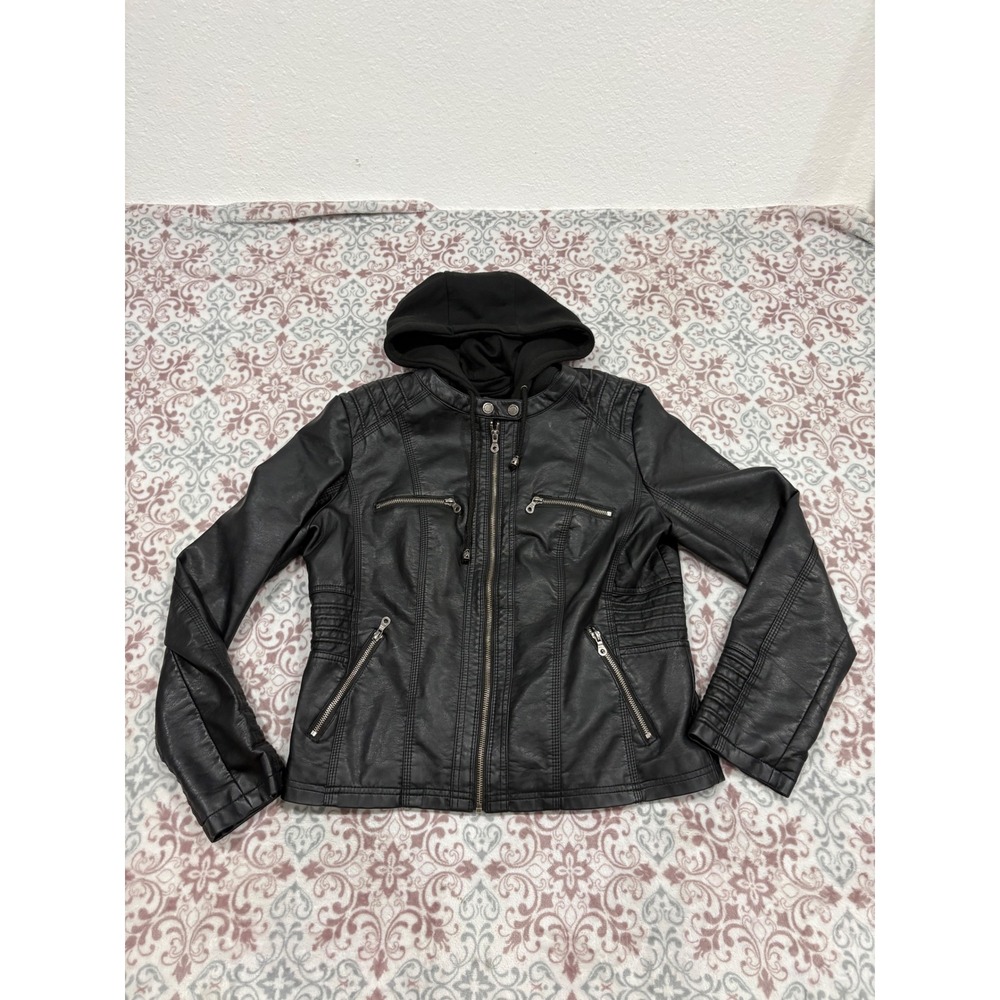 Made by Johnny Womens Black Faux Leather Moto Jacket Removable Hood XL